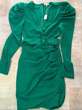 Flying Tomato Emerald Green Puff-Sleeve Wrap Dress with Belt